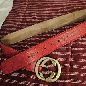 Gucci Red GG-Embossed Leather Belt with Gold Double G Buckle